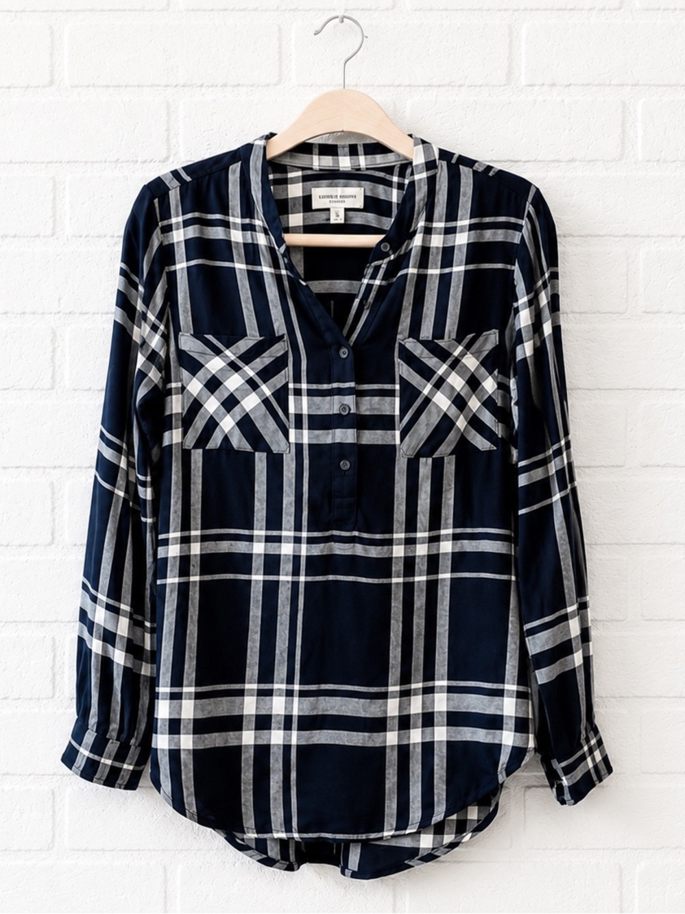 Lucky Brand Plaid Popover Blouse Navy Blue White Long Sleeve Shirt Women’s Small